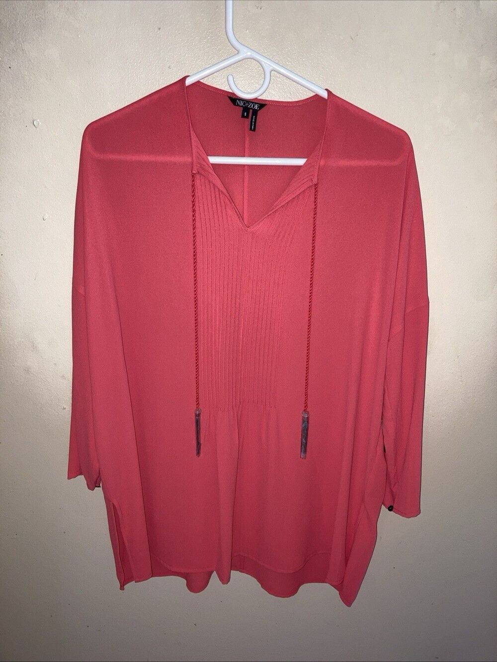 Nic + Zoe Watermelon Pink Boho Tunic Top Tassel Ties NWT Sz S But Can Fit Larger